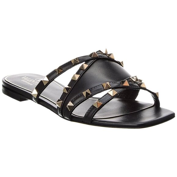 Valentino Shoes - Valentino Rockstud Studded Crisscross Flat Leather Slide Sandals Mule Shoes